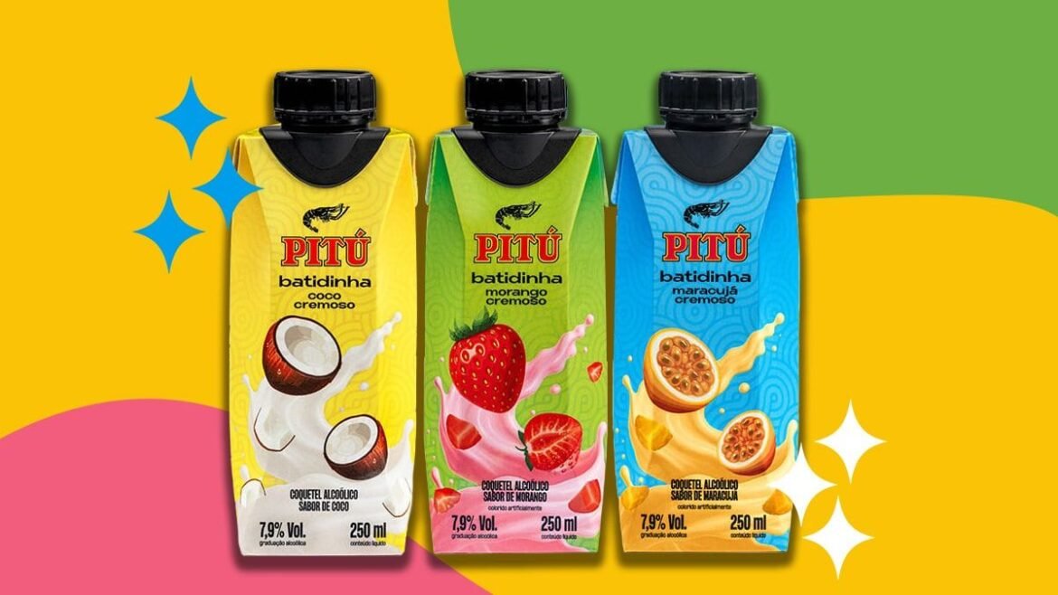 Embalagens da nova Pitú Batidinha nos sabores Coco, Morango e Maracujá
